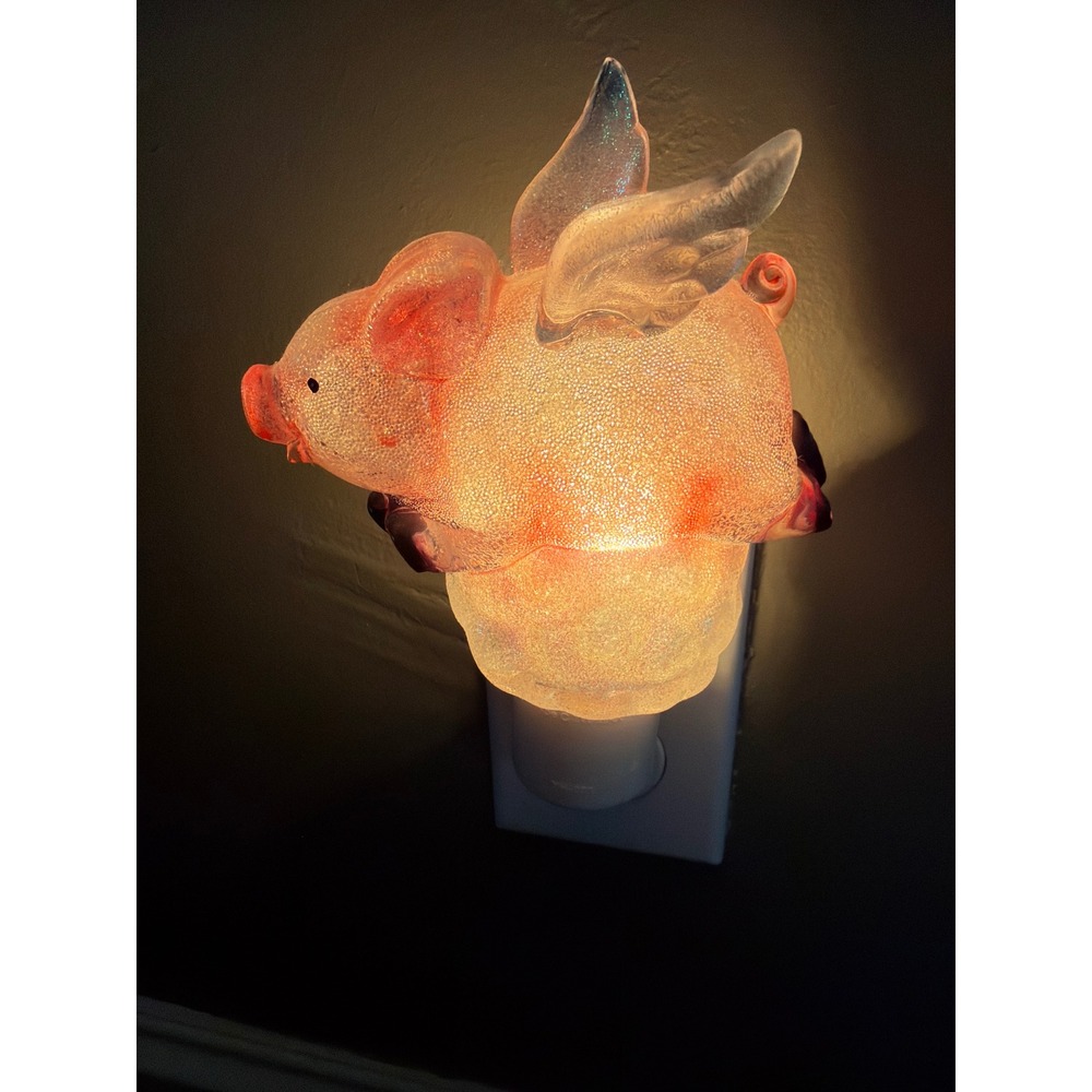 Vintage Flying Pig Night Light Iridescent Glitter Winged Piggy on Cloud Pink
